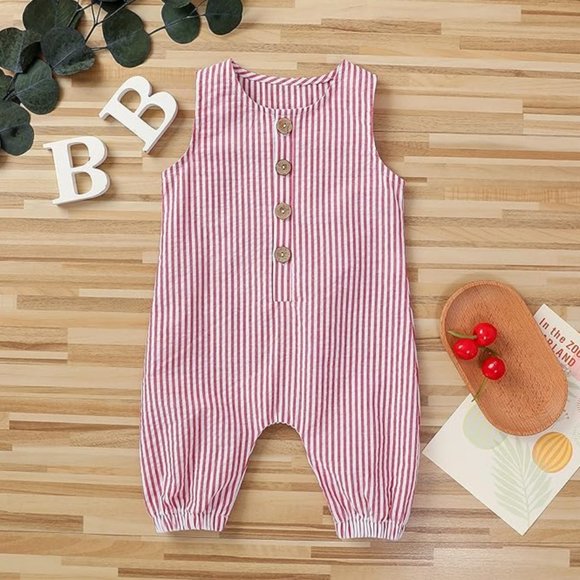 Baby Seersucker Sleeveless Jumpsuit Striped Romper Red & White 9-12 Months NEW! - Picture 7 of 13